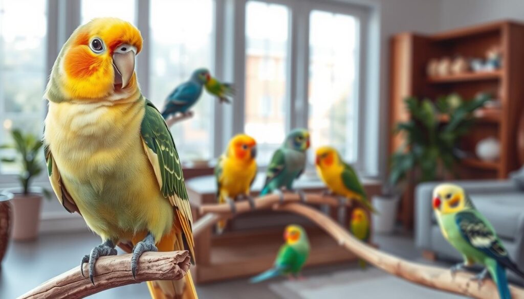 A detailed illustration of the benefits of keeping birds as pets. In the foreground, a vibrant and healthy-looking cockatiel perched on a wooden branch, its feathers gleaming with vitality. In the middle ground, several smaller birds such as parakeets and lovebirds engage in playful interactions, showcasing their social and interactive nature. The background features a serene indoor setting with natural lighting filtering through large windows, emphasizing the birds' adaptability to home environments. The overall composition conveys a sense of warmth, tranquility, and the rewarding experience of caring for these intelligent and entertaining avian companions.