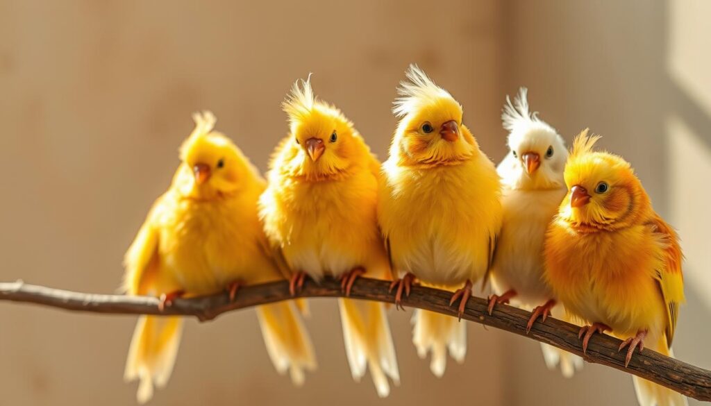 A flock of captivating crested canaries perched gracefully on a wooden branch, bathed in warm, natural lighting. The birds' vibrant, fluffy plumage in a variety of hues, including vibrant yellow, soft orange, and subtle white, creates a visually stunning display. The crest feathers atop their heads add a distinctive and charming touch, reflecting the unique features of these specialized domestic canary breeds. The birds are positioned in a serene, nature-inspired setting, with a blurred, neutral background that allows the avian subjects to take center stage. The overall composition conveys a sense of tranquility and admiration for the beauty of these remarkable feathered creatures. A flock of captivating crested canaries perched gracefully on a wooden branch, bathed in warm, natural lighting. The birds' vibrant, fluffy plumage in a variety of hues, including vibrant yellow, soft orange, and subtle white, creates a visually stunning display. The crest feathers atop their heads add a distinctive and charming touch, reflecting the unique features of these specialized domestic canary breeds. The birds are positioned in a serene, nature-inspired setting, with a blurred, neutral background that allows the avian subjects to take center stage. The overall composition conveys a sense of tranquility and admiration for the beauty of these remarkable feathered creatures.