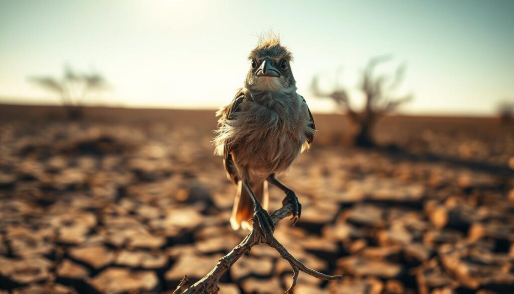 A gaunt, dehydrated bird perched on a dried-up twig, feathers ruffled and dull, against a blurred backdrop of a parched, cracked earth landscape bathed in harsh, warm sunlight. The bird's dark, sunken eyes convey a sense of distress and struggle to survive. The image is captured with a shallow depth of field, focusing the viewer's attention on the bird's fragile, vulnerable state. The overall mood is one of quiet, melancholic desperation, highlighting the silent dangers of dehydration for avian creatures.
