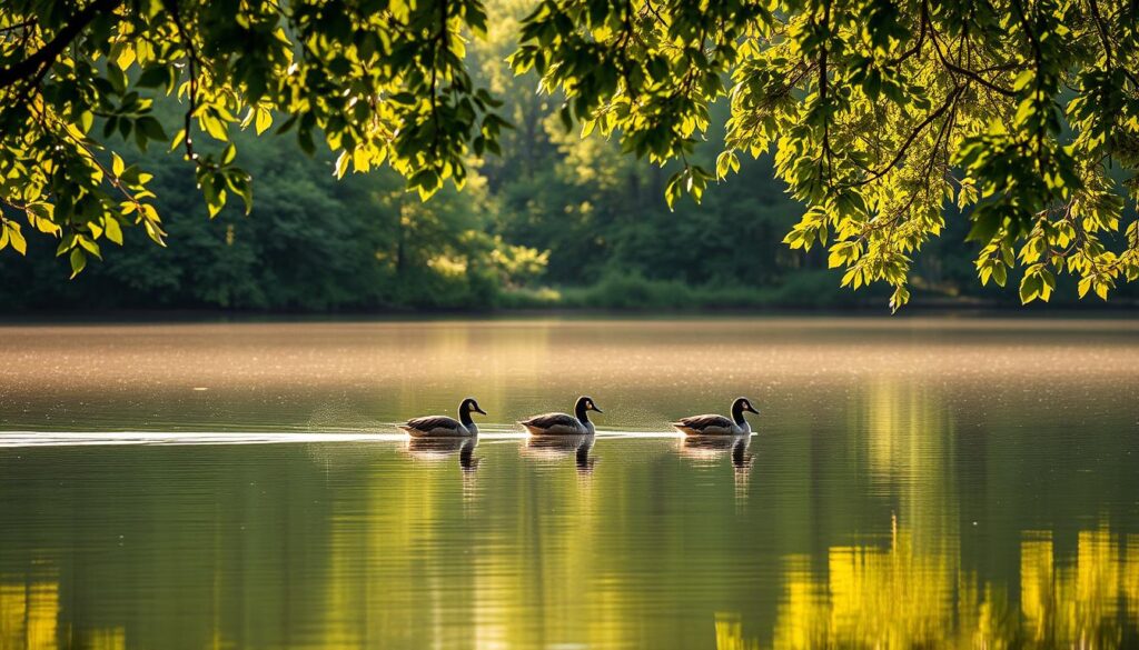 A serene lake surrounded by lush, verdant foliage, with sunlight gently filtering through the canopy, creating a warm, inviting atmosphere. In the foreground, a pair of captivating waterfowl gracefully glide across the still, mirror-like surface, emphasizing the tranquility and importance of this vital natural resource. The scene is bathed in a soft, golden glow, conveying a sense of timelessness and the life-sustaining power of water. Crisp, photorealistic details capture the intricate textures of the feathers, leaves, and reflections, drawing the viewer into the scene and highlighting the delicate balance of this aquatic ecosystem.