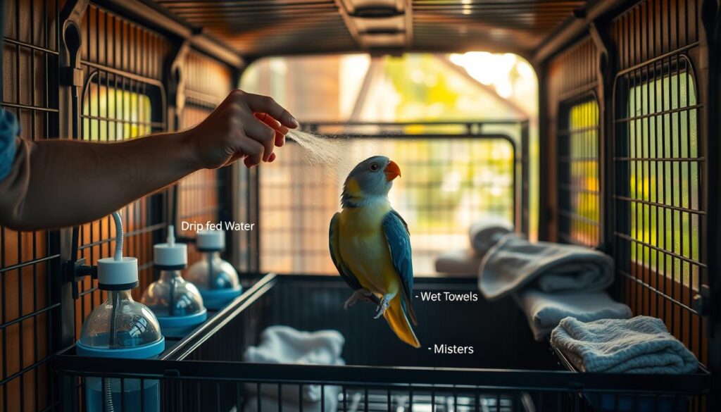 A serene, warm-lit aviary interior, with a central focus on an open travel crate filled with fresh water and hydrating mist. In the foreground, a caretaker gently mists a perched bird, its feathers glistening. The mid-ground showcases various hydration methods - drip-fed water dispensers, wet towels, and misters - arranged around the crate. The background fades into a softly lit, natural setting, evoking a sense of care and comfort for the avian passengers during transport.