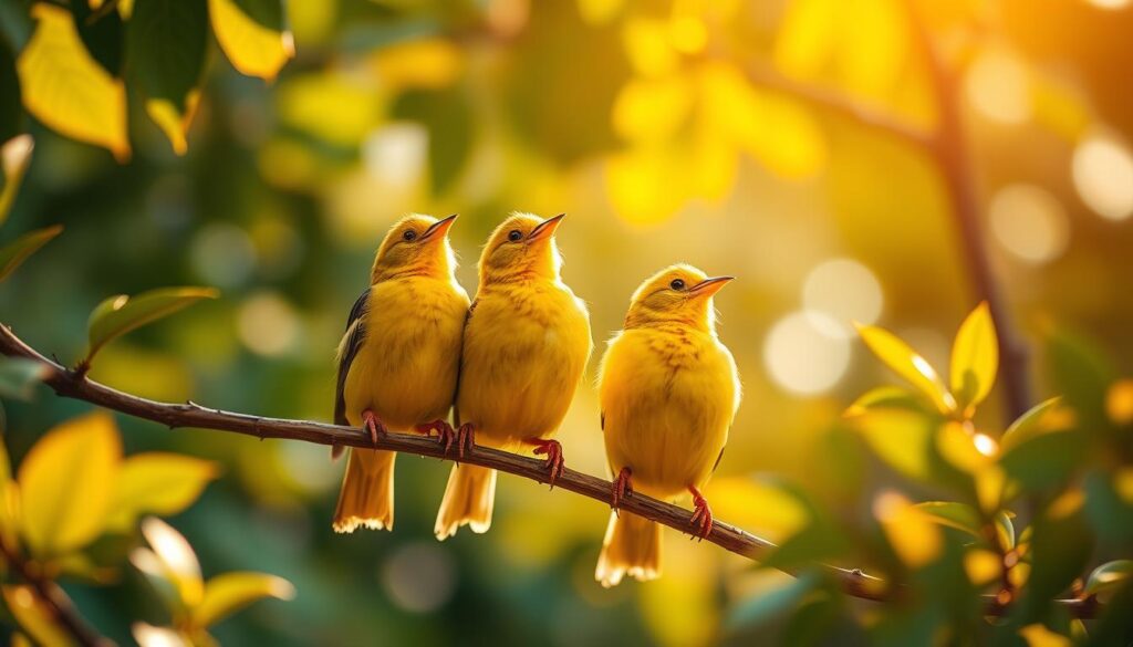 Songbird canaries perched on a verdant branch, backlit by warm sunlight filtering through lush foliage. Their distinctive yellow plumage glimmers as they trill a melodious song, capturing the essence of a captivating avian performance. The scene is framed by a soft, hazy background, creating a sense of tranquility and focus on the graceful, singing birds. Capture the beauty and artistry of these beloved domestic canaries in a detailed, photorealistic style using a wide-angle lens to showcase their natural habitat and showcasing their captivating vocal abilities. Songbird canaries perched on a verdant branch, backlit by warm sunlight filtering through lush foliage. Their distinctive yellow plumage glimmers as they trill a melodious song, capturing the essence of a captivating avian performance. The scene is framed by a soft, hazy background, creating a sense of tranquility and focus on the graceful, singing birds. Capture the beauty and artistry of these beloved domestic canaries in a detailed, photorealistic style using a wide-angle lens to showcase their natural habitat and showcasing their captivating vocal abilities.