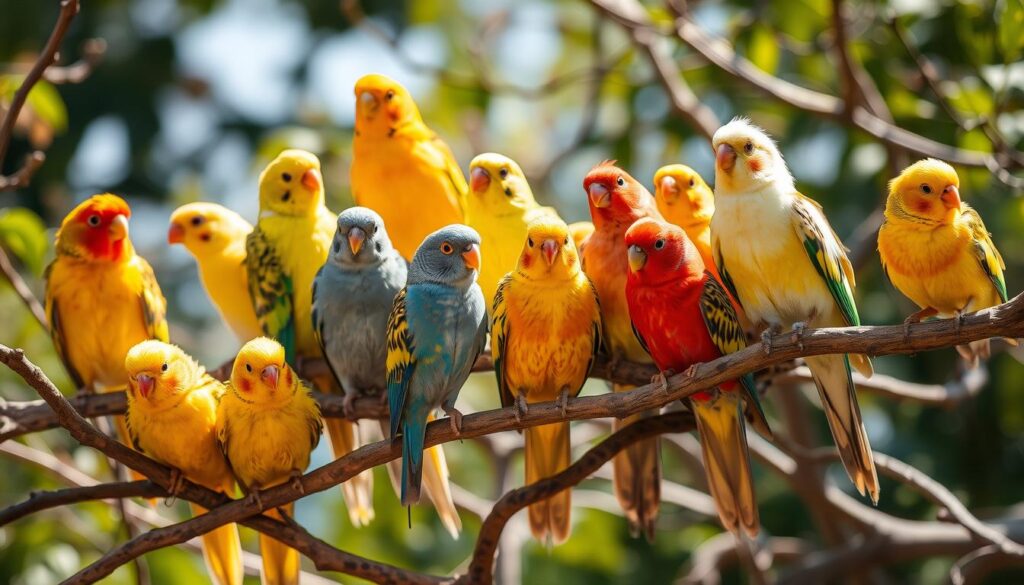 a colorful array of various domestic canary bird breeds, perched on branches in a natural, sunlit setting, with attention to fine details of their plumage, poses, and expressions, capturing the vibrant diversity of canary color variations, with a warm, inviting atmosphere that evokes the joy and beauty of these beloved avian companions a colorful array of various domestic canary bird breeds, perched on branches in a natural, sunlit setting, with attention to fine details of their plumage, poses, and expressions, capturing the vibrant diversity of canary color variations, with a warm, inviting atmosphere that evokes the joy and beauty of these beloved avian companions
