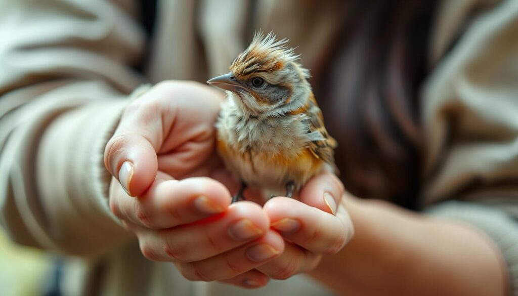 A close-up photograph of a person's hands gently holding a small songbird, its feathers ruffled and eyes alert. The hands are positioned in a cupped, protective manner, showcasing the delicate interaction between human and avian. Soft, natural lighting illuminates the scene, creating a sense of intimacy and care. The background is subtly blurred, keeping the focus on the tender moment unfolding in the foreground. The image conveys a feeling of patience, respect, and the beginnings of a harmonious relationship between the trainer and their avian companion.