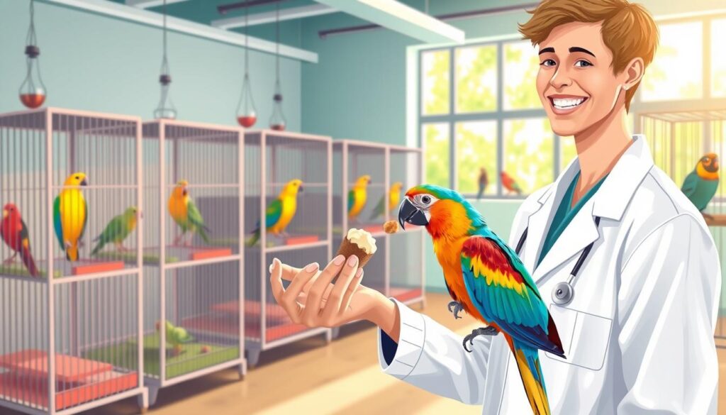 A colorful and vibrant illustration of positive reinforcement in bird training. In the foreground, a person in a white lab coat is gently offering a bird a tasty treat, their face beaming with a warm smile. The bird, a small parrot with vibrant plumage, is perched attentively, its eyes locked on the treat. In the middle ground, several birdcages with different species can be seen, each bird engaged in various training exercises. The background depicts a well-equipped aviary, with natural lighting streaming in through large windows, creating a calm and serene atmosphere conducive to effective training. The scene conveys the mutual trust, cooperation, and positive reinforcement that are central to successful bird training.