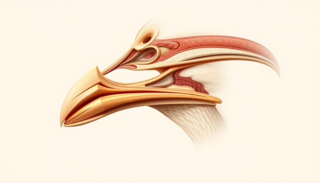 A detailed cross-section view of the avian syrinx, the vocal organ of birds, showcased in a realistic anatomical illustration. The syrinx is prominently displayed in the foreground, its complex cartilage and muscle structures visible in precise detail. The middle ground features the surrounding anatomical context, including the trachea, esophagus, and surrounding tissue. The background is a muted, neutral color scheme, allowing the intricate syrinx to be the focal point. Rendered with a warm, soft lighting that accentuates the organic textures and forms, this image conveys the technical complexity and biological wonder of the avian vocal apparatus.