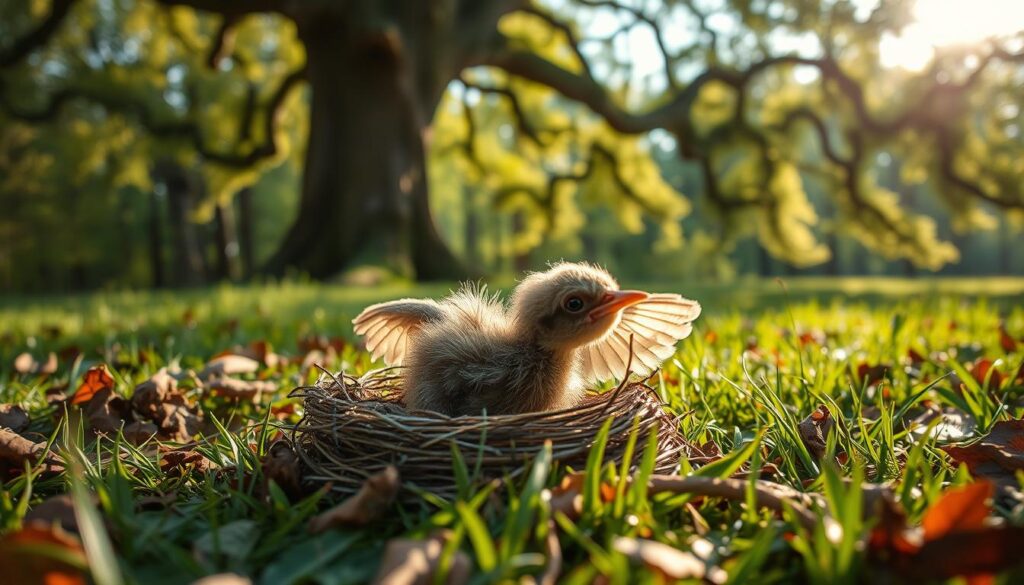 A fallen nestling, its feathers ruffled and wings outstretched, lies on the grass amid scattered leaves and twigs. Soft afternoon sunlight filters through the canopy of a towering oak tree, casting warm, golden hues across the delicate creature. The serene forest setting evokes a sense of tranquility, underscoring the vulnerability of the young bird. With great care and tenderness, the viewer is invited to consider how to properly intervene and provide aid to this needy fledgling, in line with the article's guidance on caring for young birds.