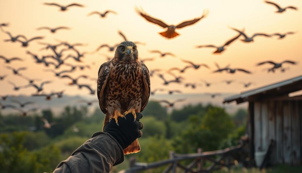 A flock of birds soaring gracefully in a warm, golden-hued sunset sky. In the foreground, a skilled falconer stands with a majestic hawk perched on their gloved hand, its piercing eyes focused intently. The falconer's movements are precise and deliberate, showcasing the intricate process of bird training and behavior modification. The middle ground reveals a serene, natural landscape, with lush greenery and weathered wooden structures, hinting at the harmonious coexistence between humans and wild avian creatures. The background is softly blurred, emphasizing the intimate connection between the falconer and their feathered companion.