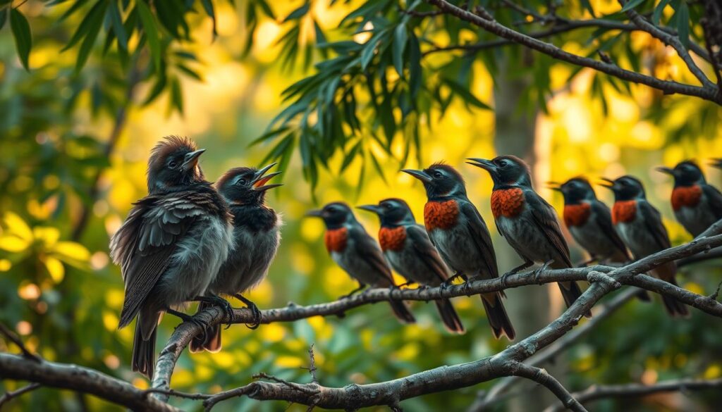 A flock of songbirds perched on tree branches, engaged in a lively avian social interaction. The foreground features a pair of birds, their feathers ruffled, beaks open in a chirping dialogue. The middle ground showcases more birds, their heads tilted towards each other, seemingly exchanging melodious calls. The background depicts a lush, verdant forest setting, with shafts of warm, golden light filtering through the canopy, creating a harmonious, natural atmosphere. The image captures the essence of the birds' social communication through their captivating vocal performances.