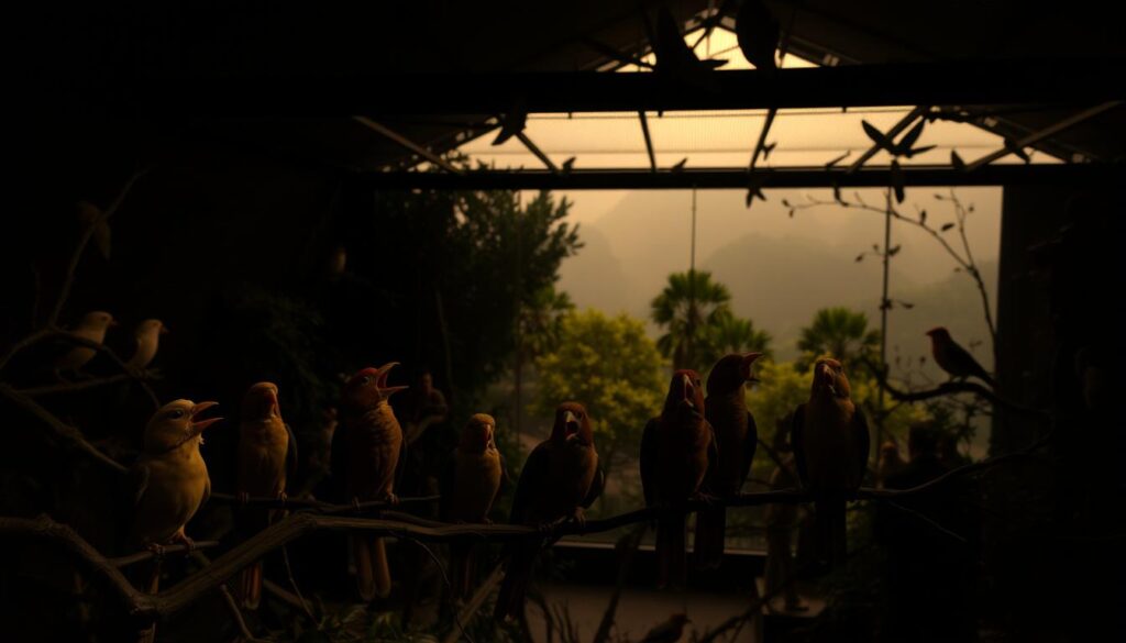A large, dimly-lit aviary filled with various bird species. In the foreground, a group of birds perched on branches, their beaks opened in apparent vocalizations. The middle ground features a naturalistic landscape with lush foliage, while the background showcases a soft, hazy perspective, creating a sense of depth and atmosphere. The lighting is warm and muted, casting gentle shadows that accentuate the birds' movements and expressions. The scene conveys a serene, contemplative mood, inviting the viewer to observe and ponder the intricacies of avian communication.