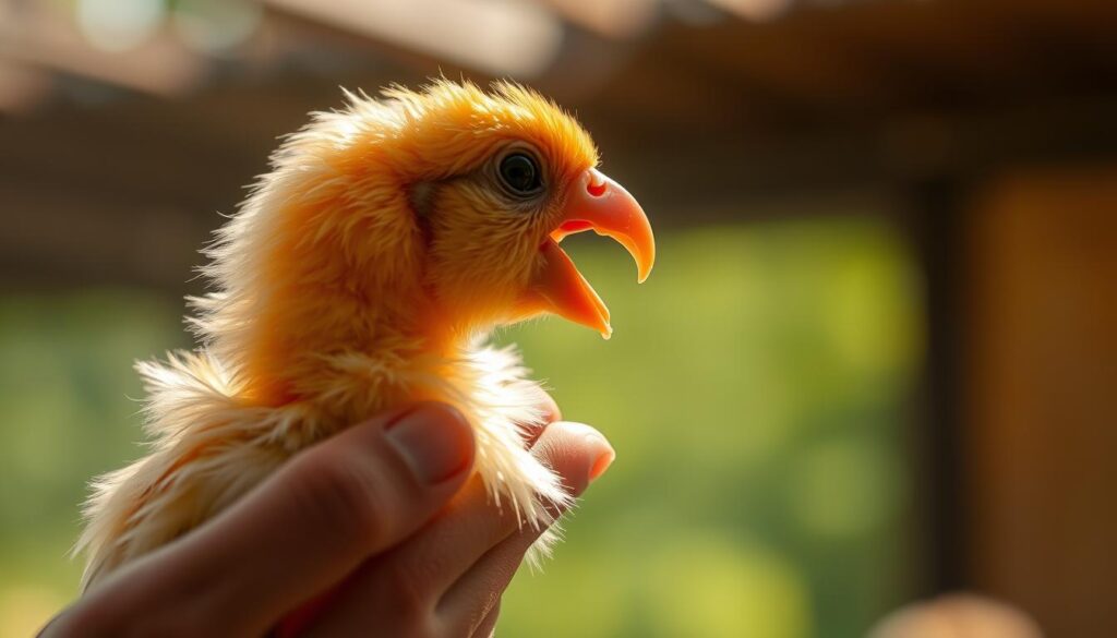 A serene aviary scene with a close-up view of a young bird being gently fed by a caregiver's hand. The bird's soft, downy feathers and open beak capture the tenderness of the moment. Warm, natural lighting bathes the pair, highlighting the vibrant hues of the bird's plumage. The background is blurred, keeping the focus on the intimate interaction between the young bird and its provider. Subtle details, such as the caregiver's gentle touch and the bird's attentive gaze, convey the care and nurturing essential to the healthy development of young avian life.