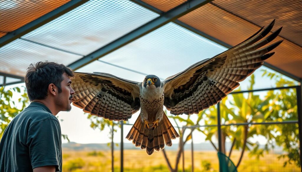 A serene bird training enclosure, with an expert avian trainer guiding a majestic falcon through advanced aerial maneuvers. Warm light filters through the aviary's mesh ceiling, casting a soft glow on the trainer's focused expression and the bird's elegant, outstretched wings. The background features lush, verdant foliage and a distant horizon, conveying a sense of harmony and tranquility. The scene captures the delicate balance and deep connection between the human and the magnificent raptor, as they push the boundaries of avian training through refined techniques and mutual trust.