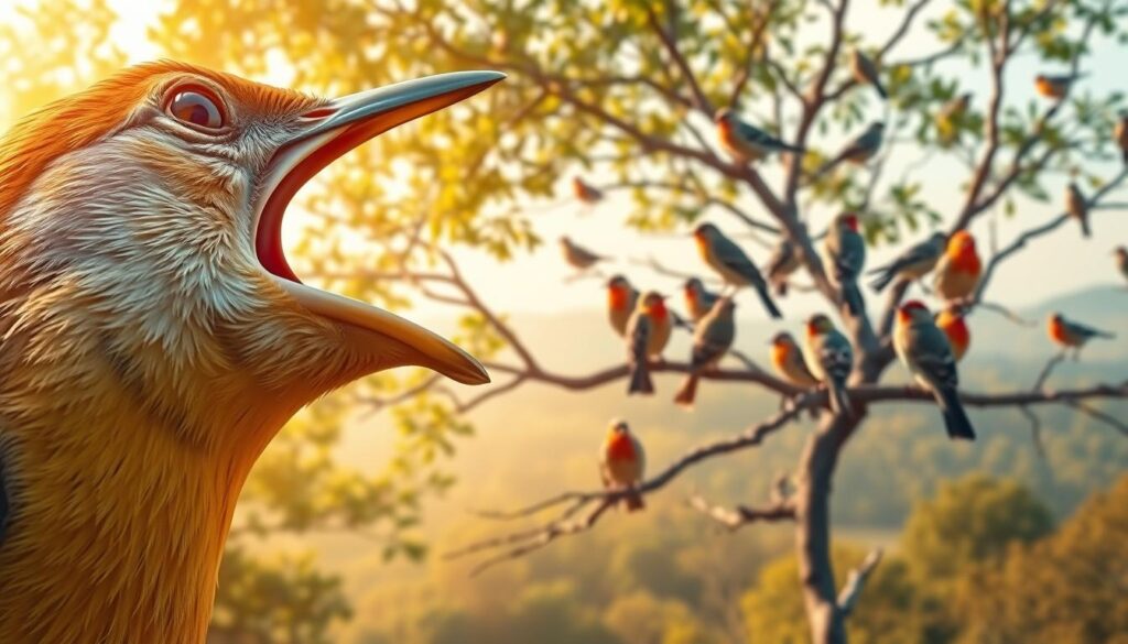 A vibrant digital illustration depicting the functions of avian vocalizations. In the foreground, a close-up of a songbird's open beak, its throat pulsing as it trills a melodic refrain. The middle ground reveals a flock of birds perched on tree branches, engaged in a lively chorus of chirps, warbles, and alarm calls. In the distant background, a serene woodland landscape bathed in warm, diffused sunlight, hinting at the birds' natural habitat. The scene conveys the vital role of avian song in communication, from territorial defense and courtship to coordinating social behaviors and warning of potential threats. Detailed textures, dynamic lighting, and a sense of depth create a visually captivating representation of the complexities of the avian vocal repertoire.