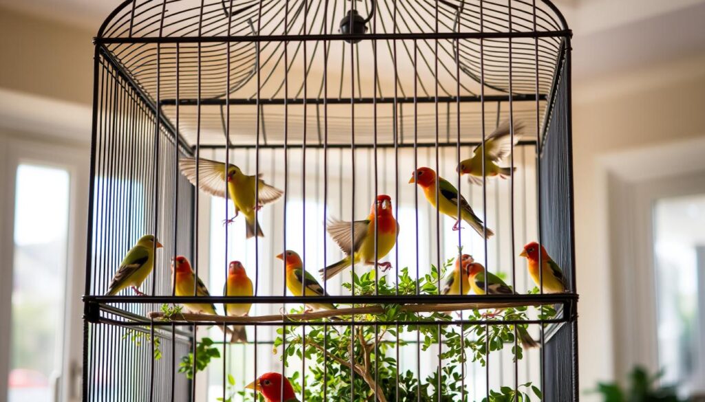 An adequately sized bird cage with a detailed metal frame, housing a variety of vibrant finches. The cage is positioned in a bright, airy room with large windows allowing natural light to stream in, creating a warm, inviting atmosphere. The finches flit about gracefully, their feathers shimmering in the soft, diffused lighting. The cage is adorned with lush greenery, providing a natural perch and hiding spots for the birds. The overall scene conveys a sense of harmony and proper care for the avian residents.